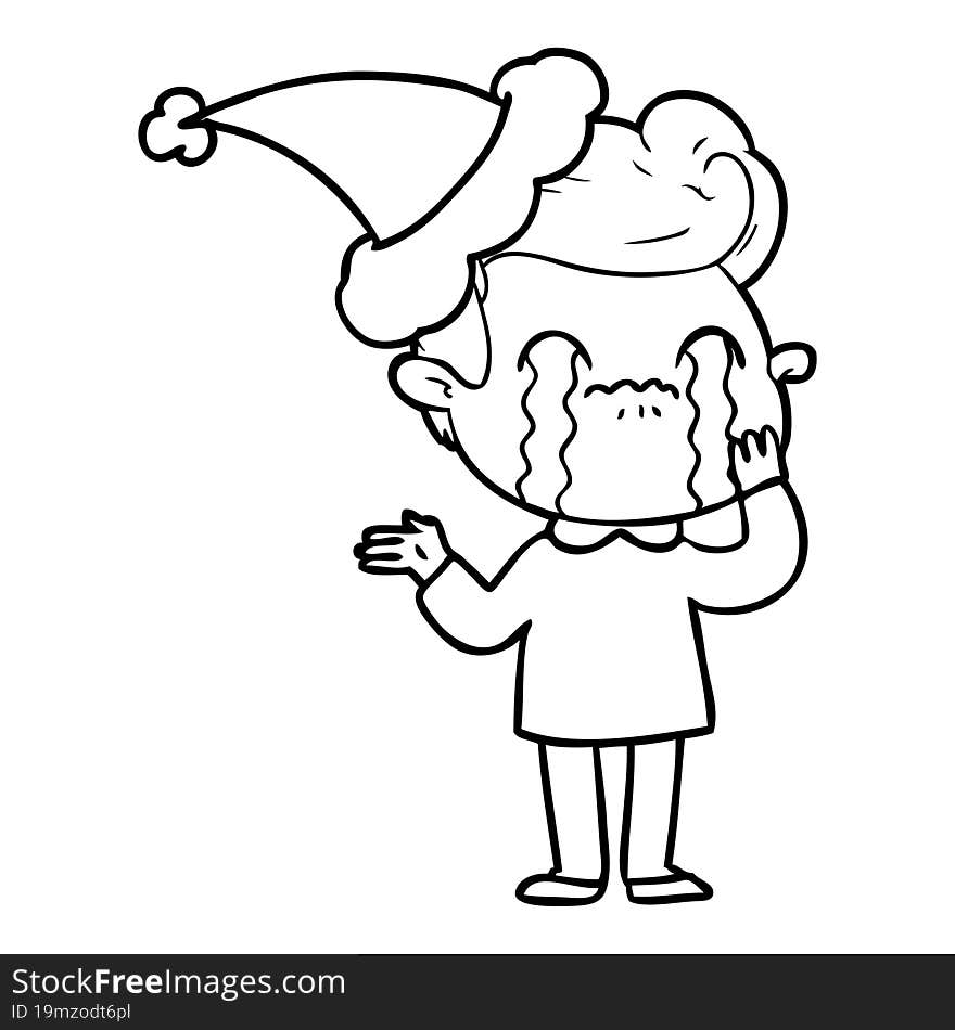 hand drawn line drawing of a man crying wearing santa hat