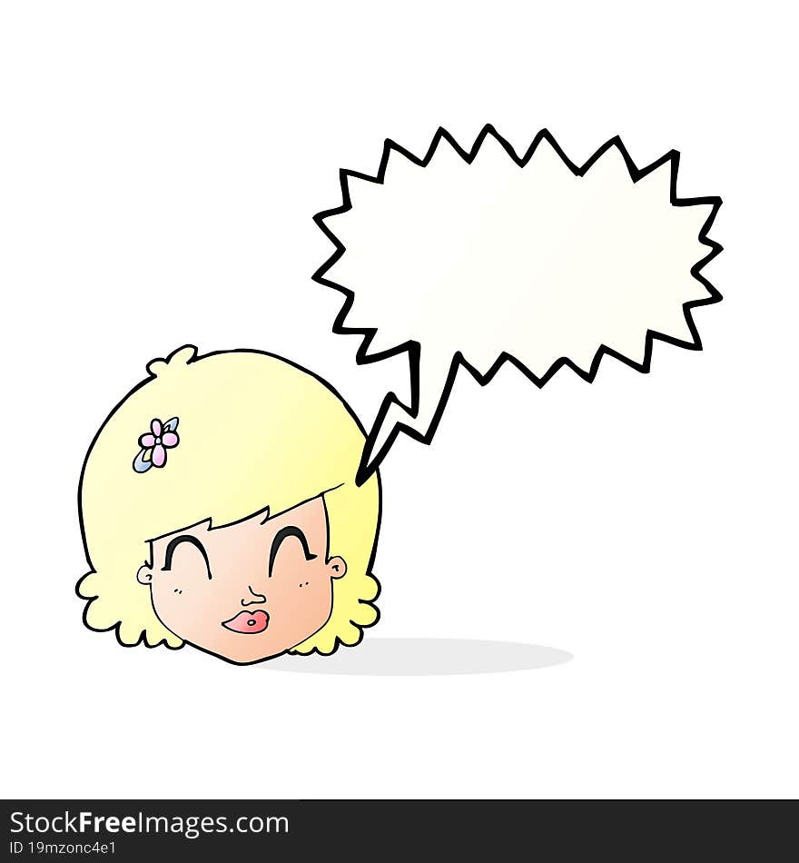 cartoon happy female face with speech bubble