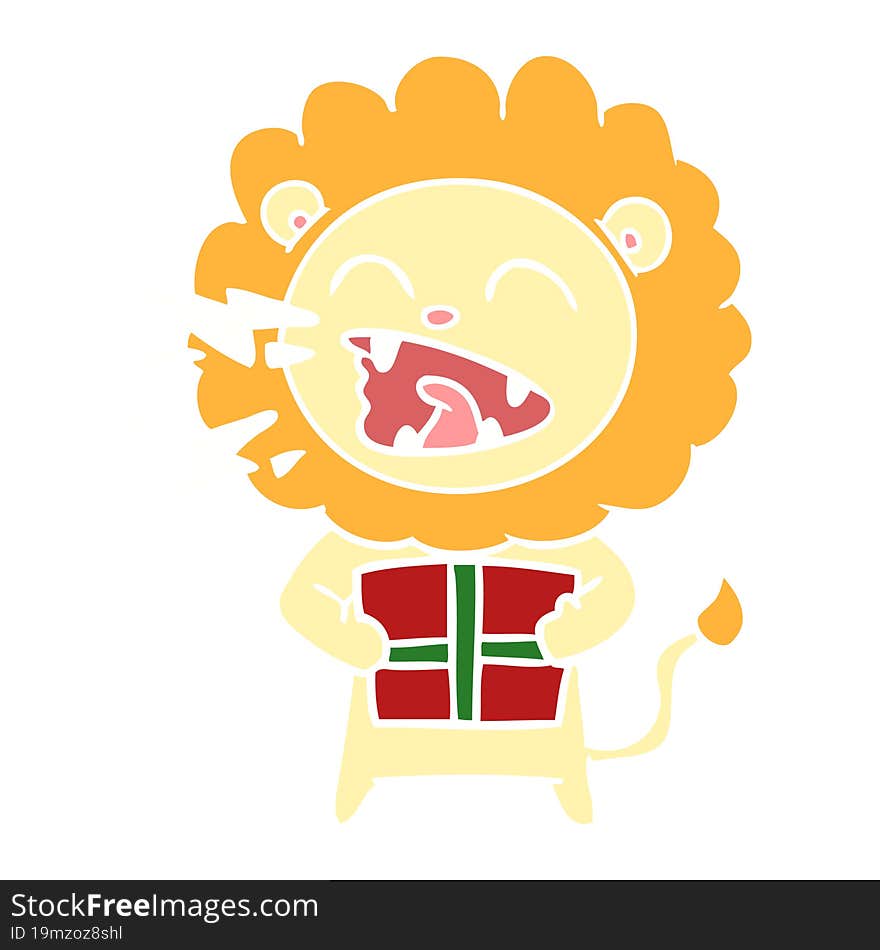 Flat Color Style Cartoon Roaring Lion With Gift