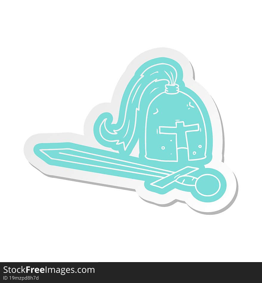 cartoon sticker of a medieval helmet and sword