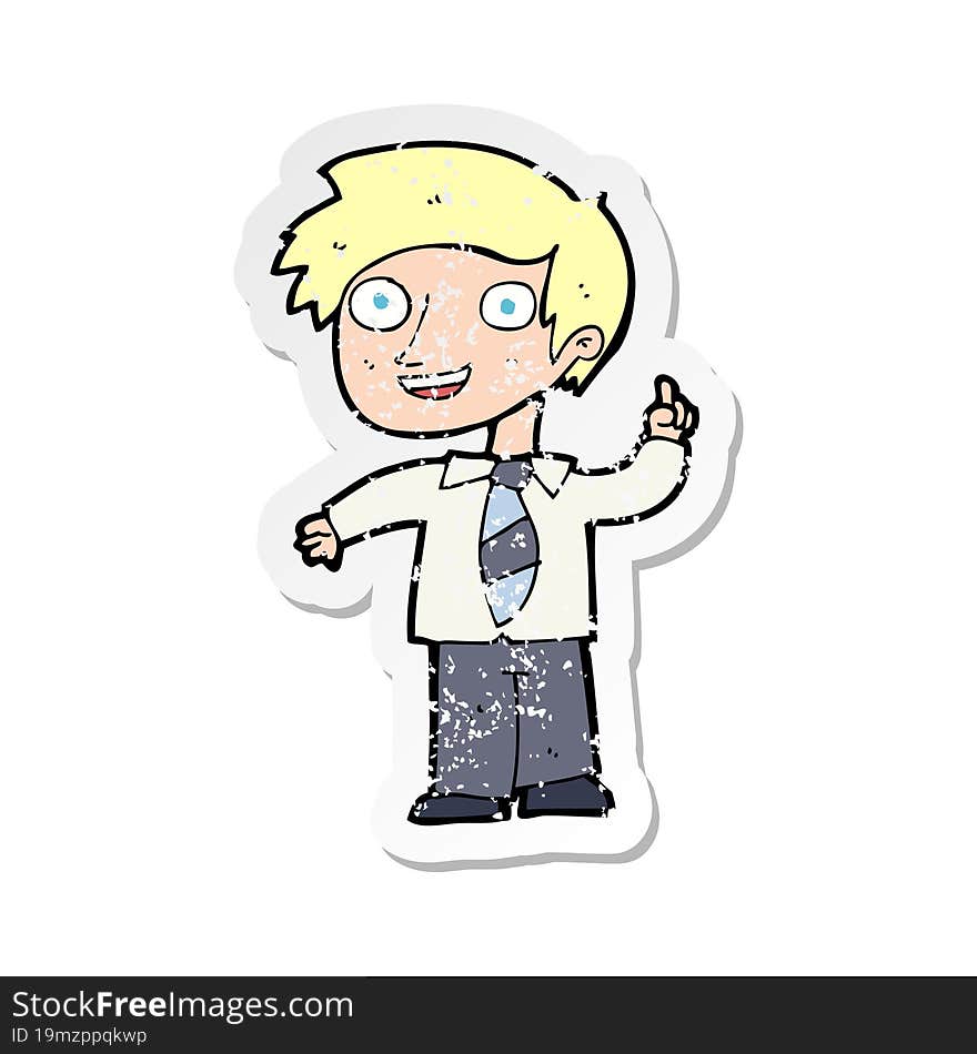 retro distressed sticker of a cartoon school boy with idea