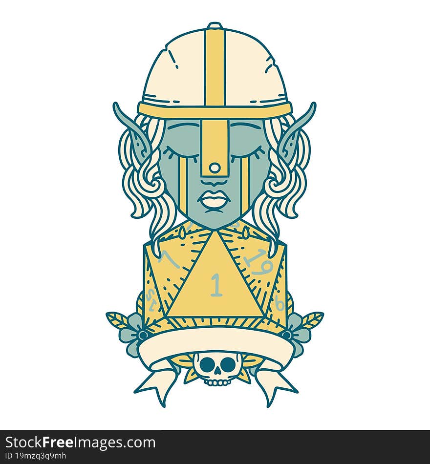 crying elf fighter character face with natural one D20 roll illustration