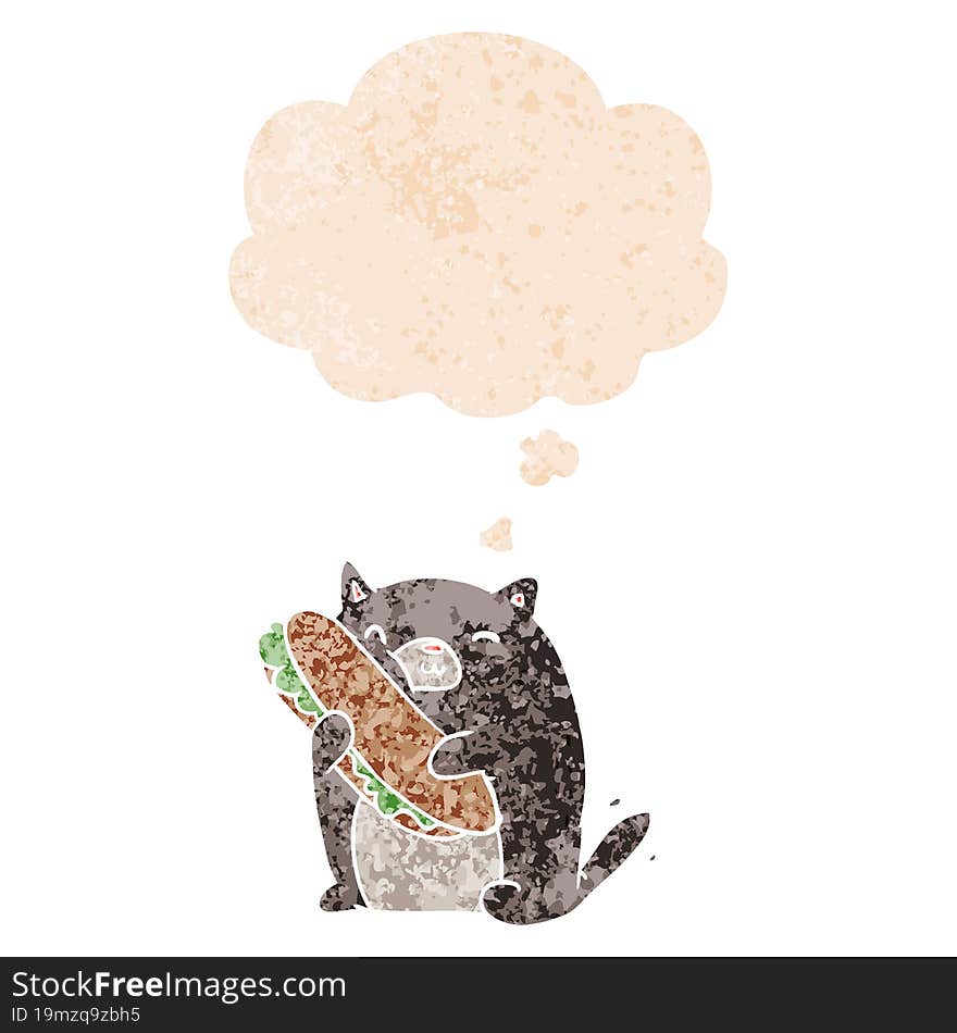 cartoon cat with sandwich with thought bubble in grunge distressed retro textured style. cartoon cat with sandwich with thought bubble in grunge distressed retro textured style