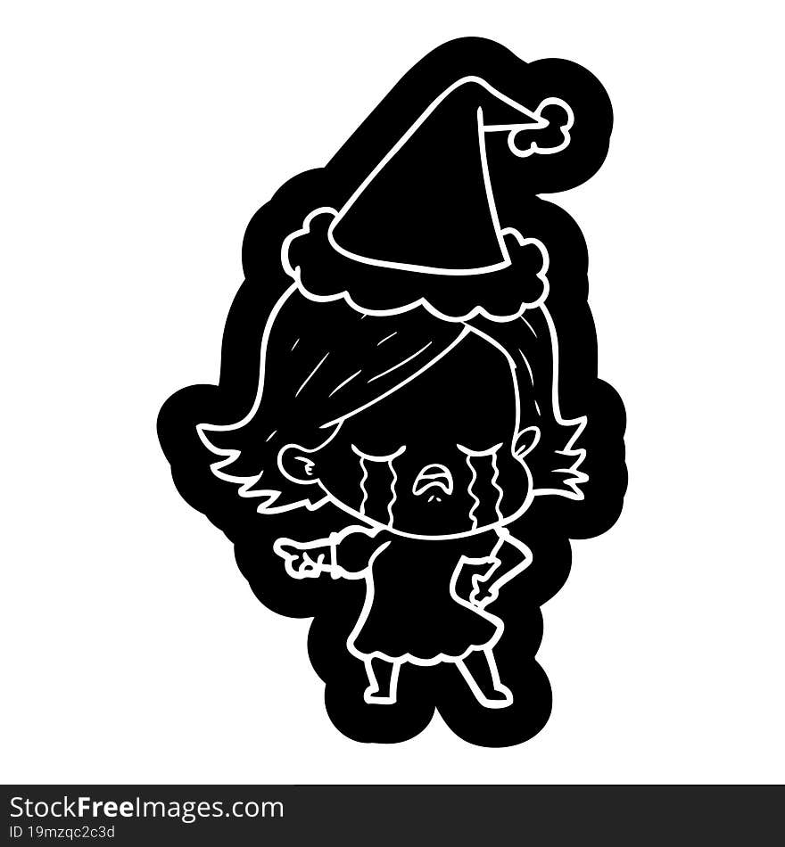 cartoon icon of a girl crying and pointing wearing santa hat