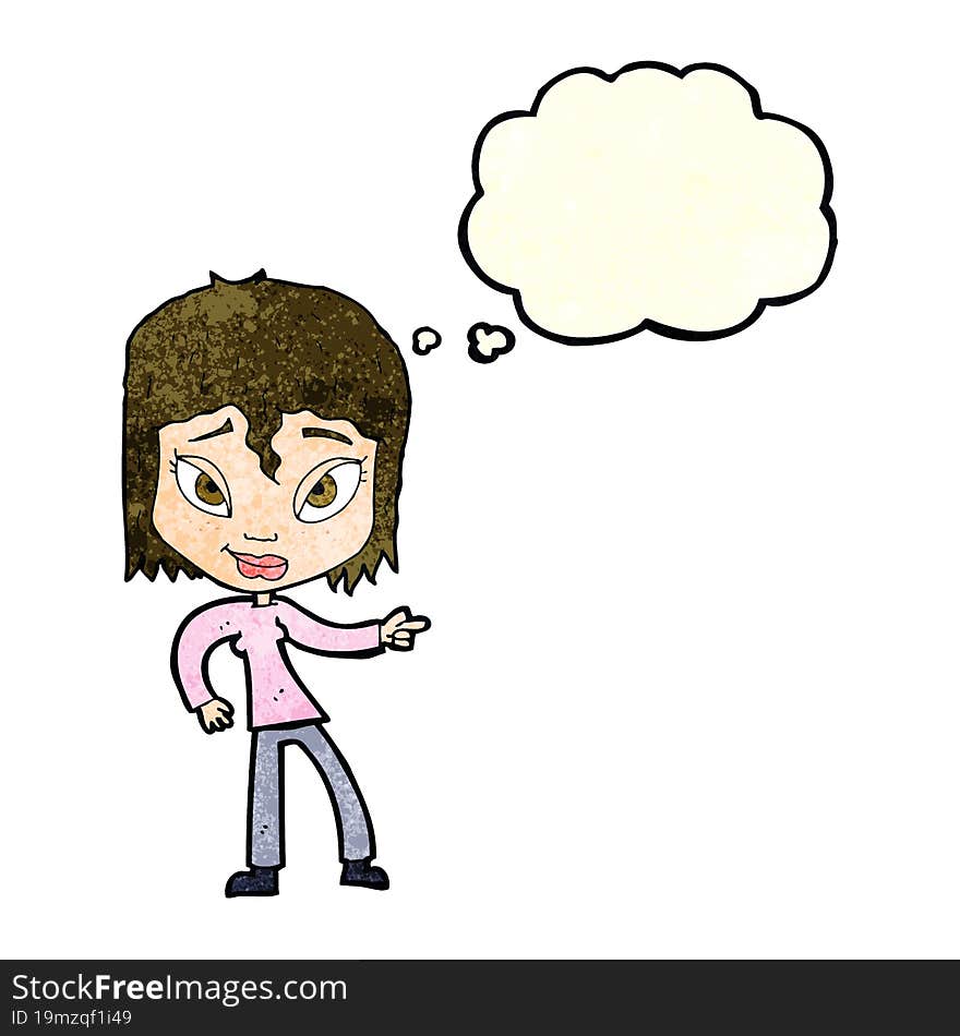 cartoon relaxed woman pointing with thought bubble