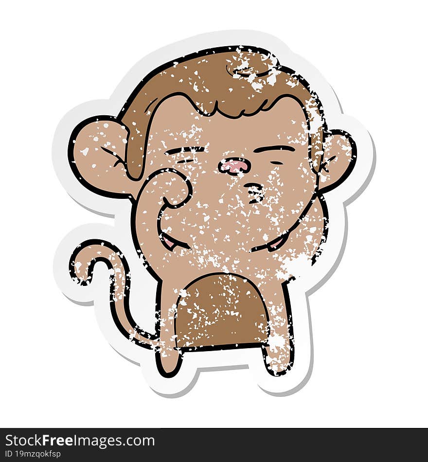 distressed sticker of a cartoon suspicious monkey