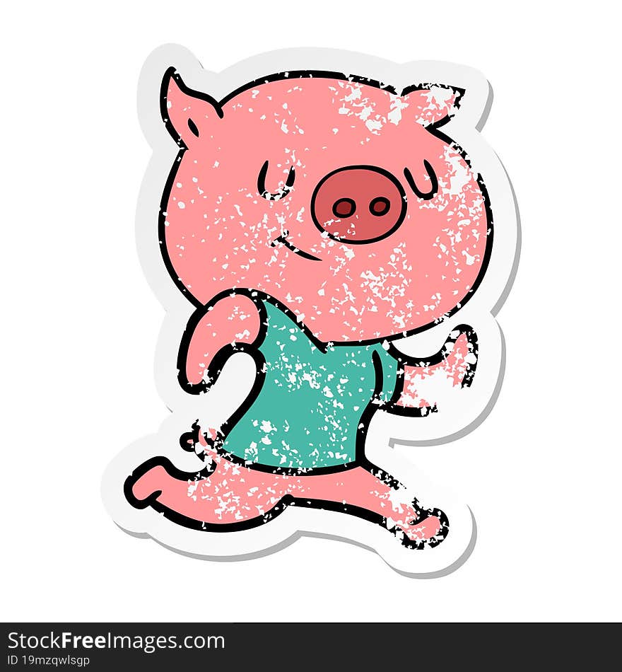 distressed sticker of a happy cartoon pig running