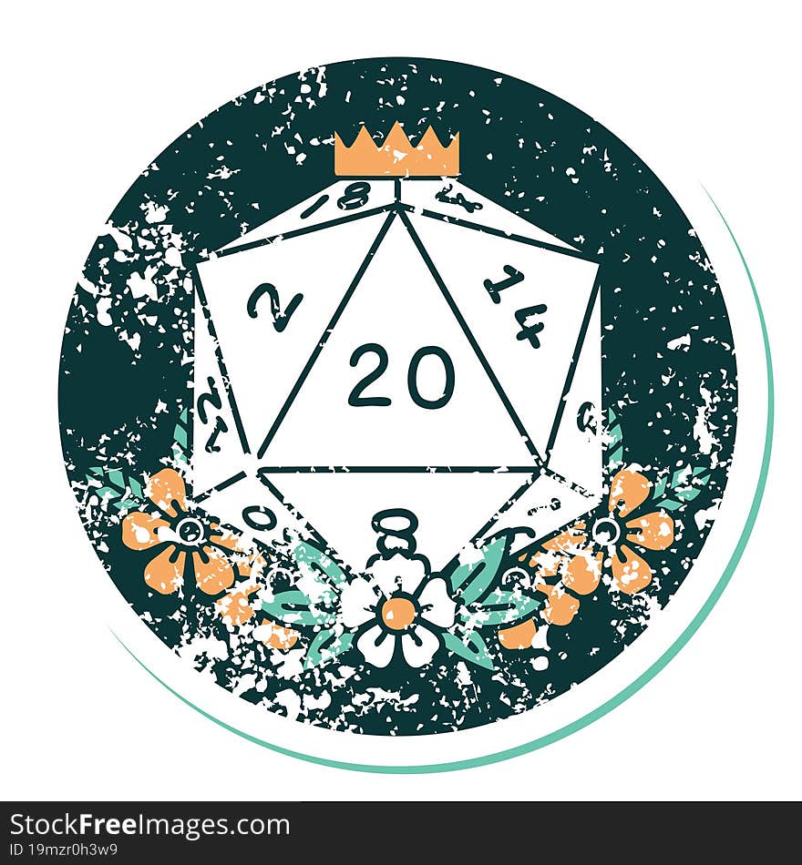 iconic distressed sticker tattoo style image of a d20. iconic distressed sticker tattoo style image of a d20