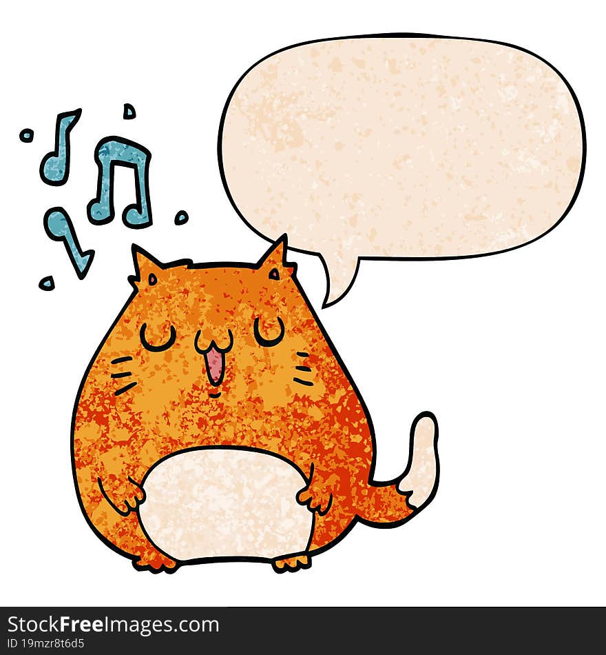 cartoon cat singing and speech bubble in retro texture style