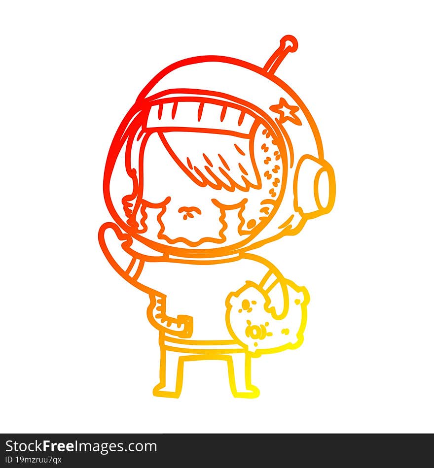 Warm Gradient Line Drawing Cartoon Crying Astronaut Girl Carrying Rock Sample