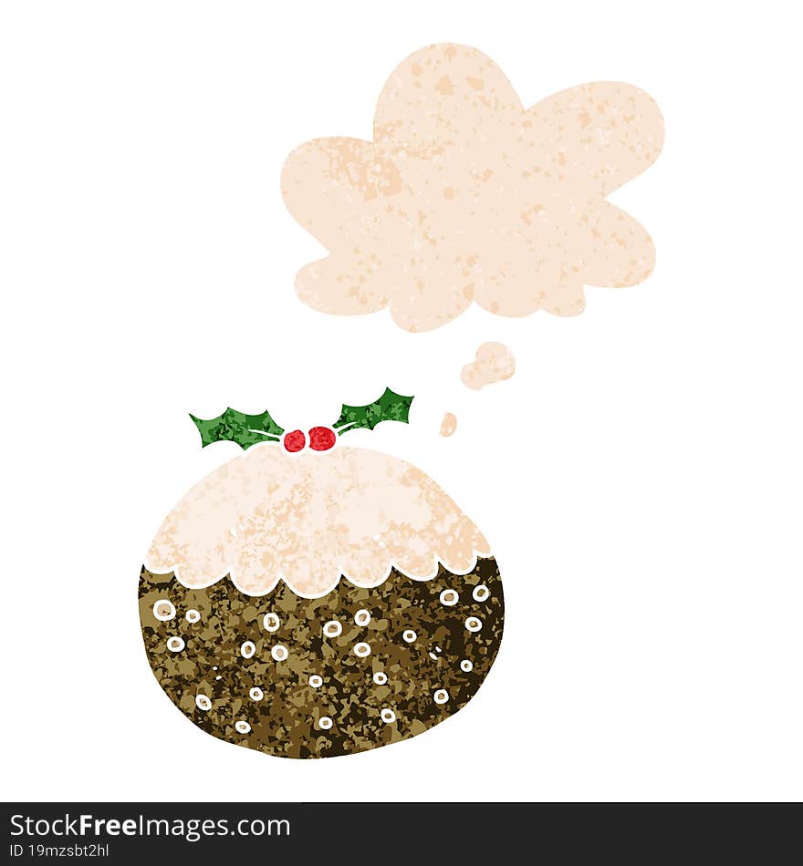 cartoon christmas pudding and thought bubble in retro textured style