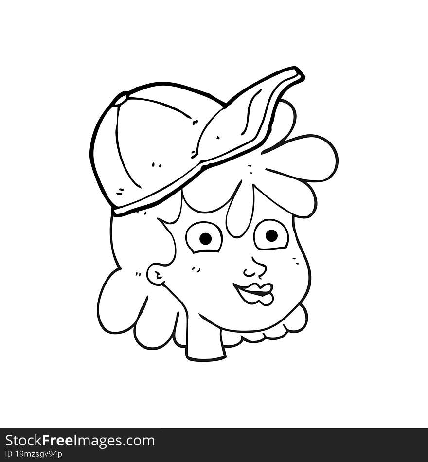 freehand drawn black and white cartoon woman wearing cap. freehand drawn black and white cartoon woman wearing cap