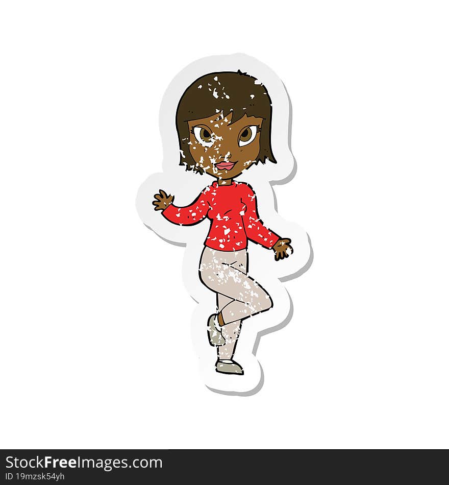 Retro Distressed Sticker Of A Cartoon Pretty Woman Waving