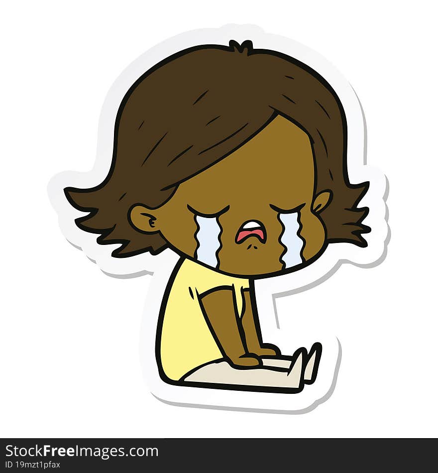 Sticker Of A Cartoon Girl Crying Sat On Floor