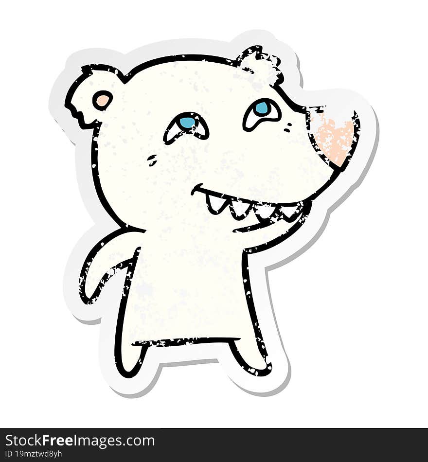 distressed sticker of a cartoon polar bear showing teeth