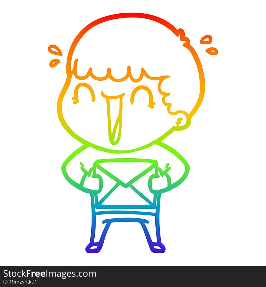 rainbow gradient line drawing of a laughing cartoon man with letter