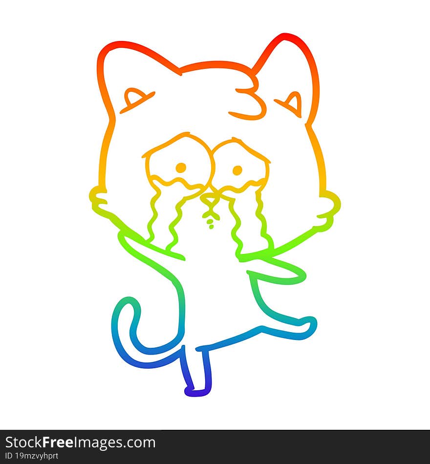 rainbow gradient line drawing of a cartoon crying cat