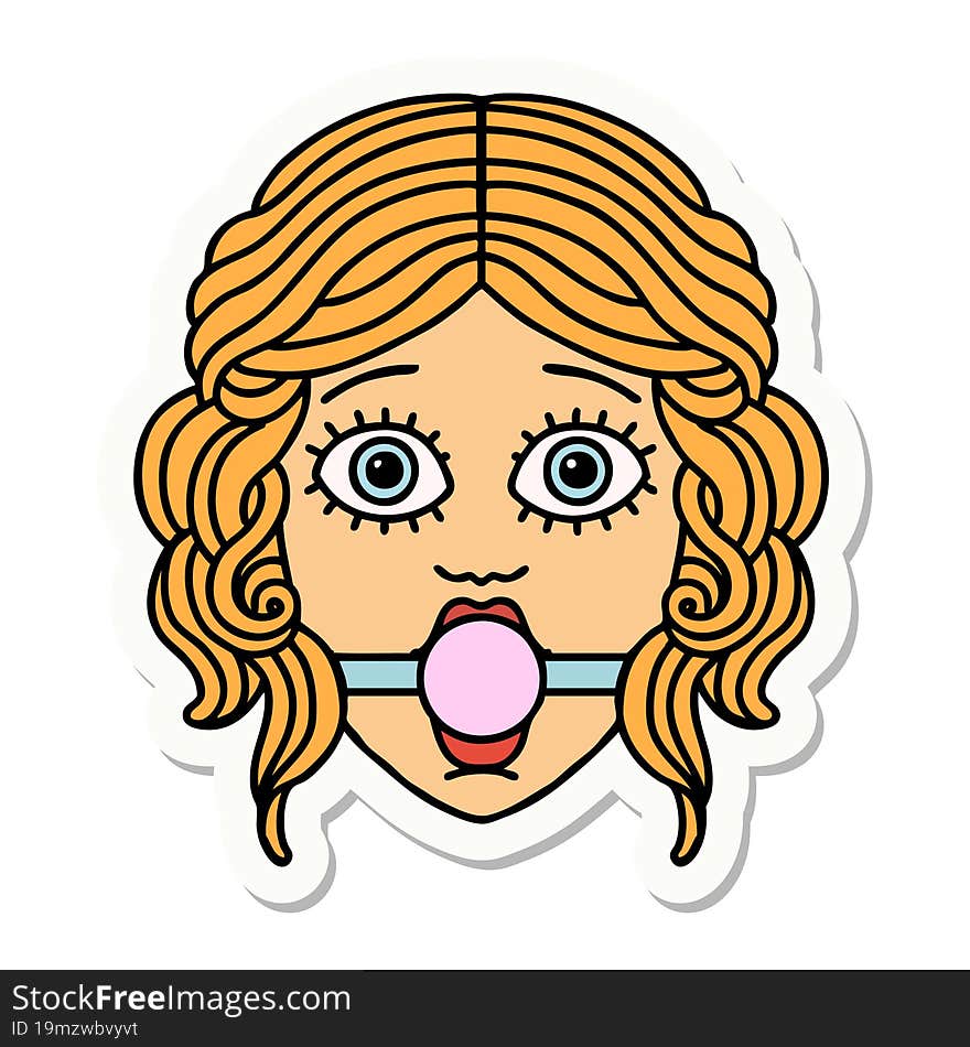 tattoo style sticker of female face with ball gag