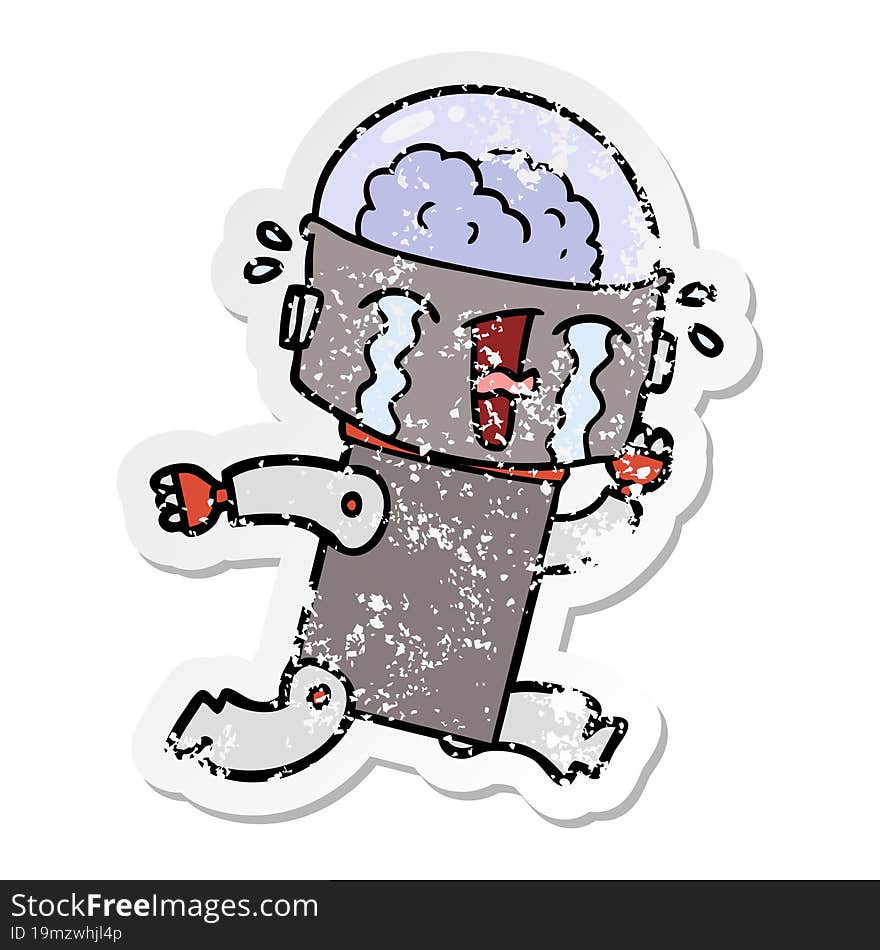 distressed sticker of a cartoon crying robot