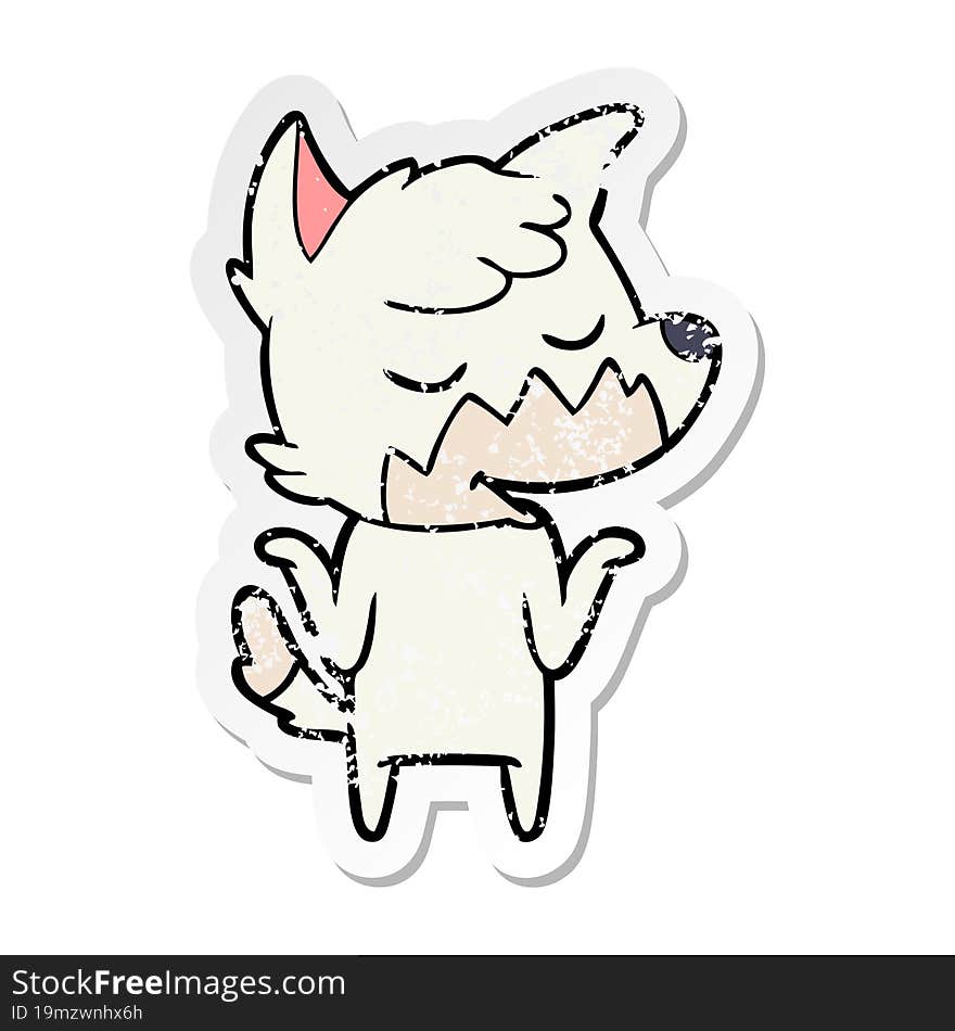 distressed sticker of a friendly cartoon fox