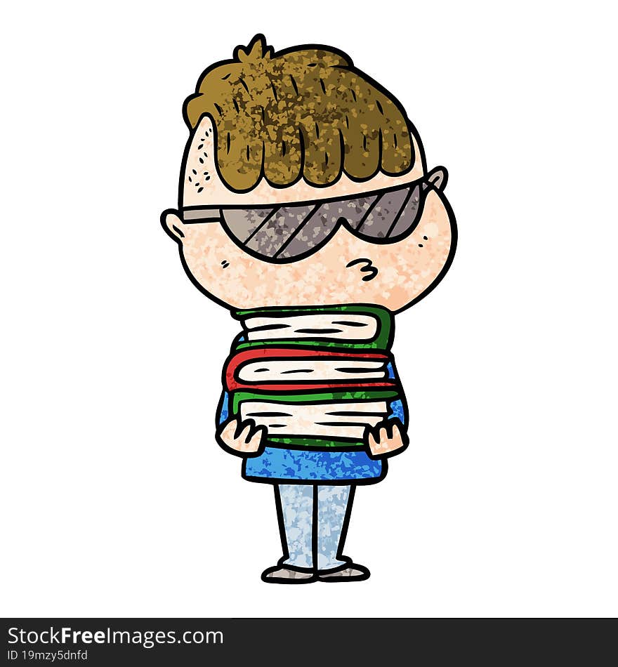 cartoon boy wearing sunglasses with stack of books. cartoon boy wearing sunglasses with stack of books