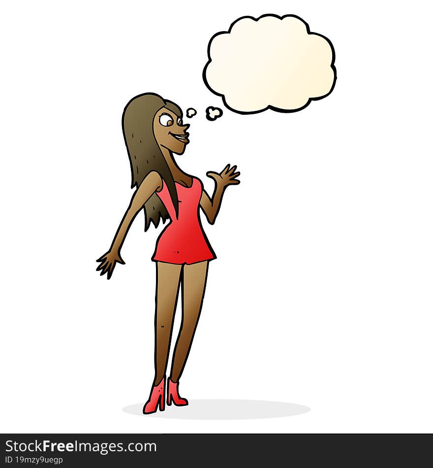 cartoon woman in pink dress with thought bubble