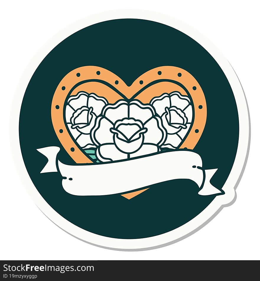 Tattoo Style Sticker Of A Heart And Banner With Flowers