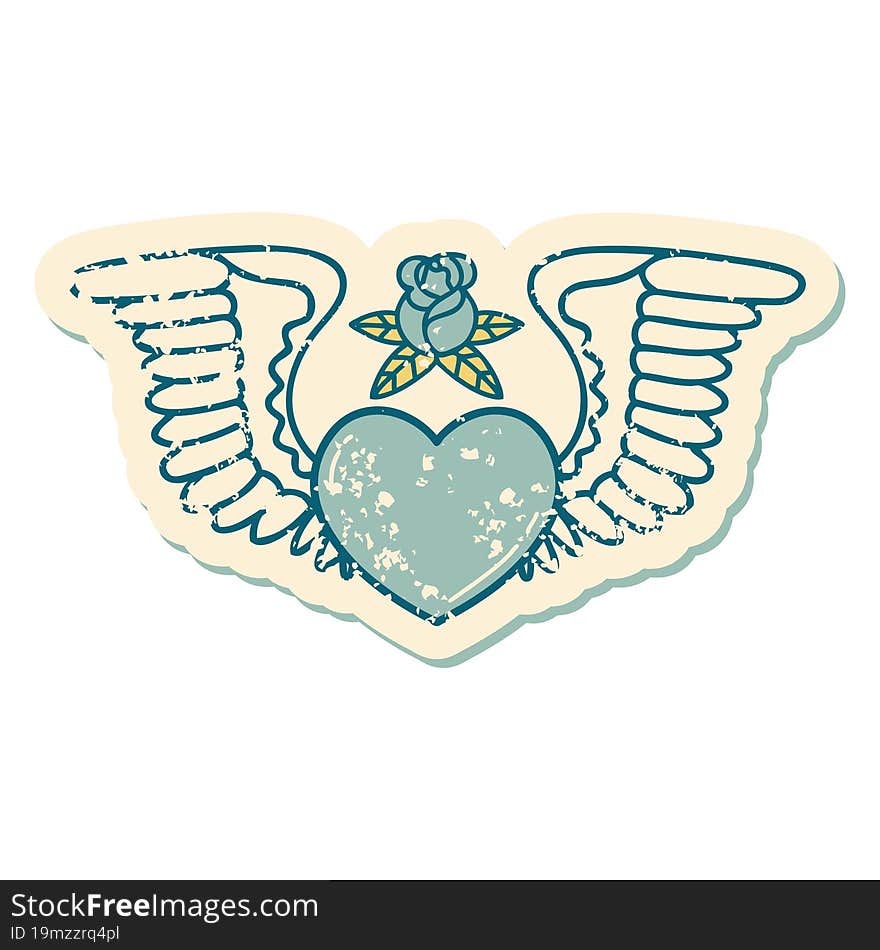 iconic distressed sticker tattoo style image of a heart with wings. iconic distressed sticker tattoo style image of a heart with wings