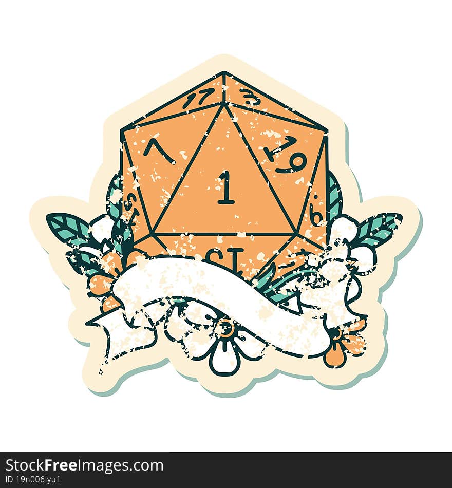 Retro Tattoo Style natural one d20 dice roll. Retro Tattoo Style natural one d20 dice roll