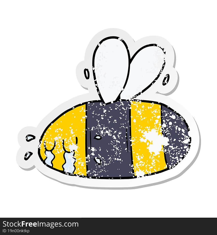 distressed sticker of a cartoon crying bee