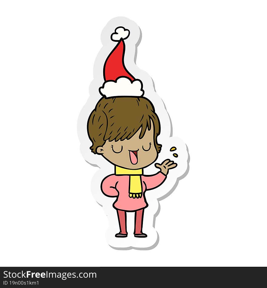 hand drawn sticker cartoon of a woman talking wearing santa hat