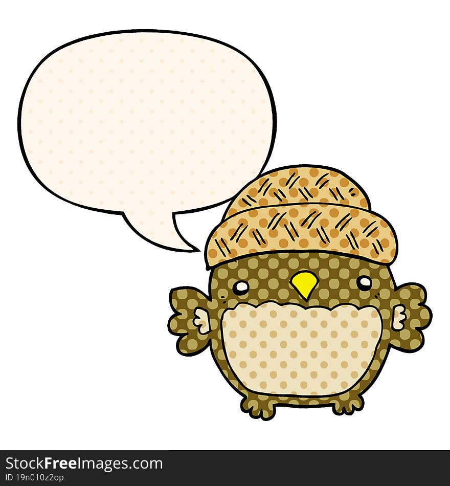 cute cartoon owl in hat with speech bubble in comic book style