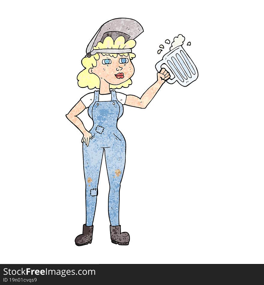 freehand textured cartoon hard working woman with beer