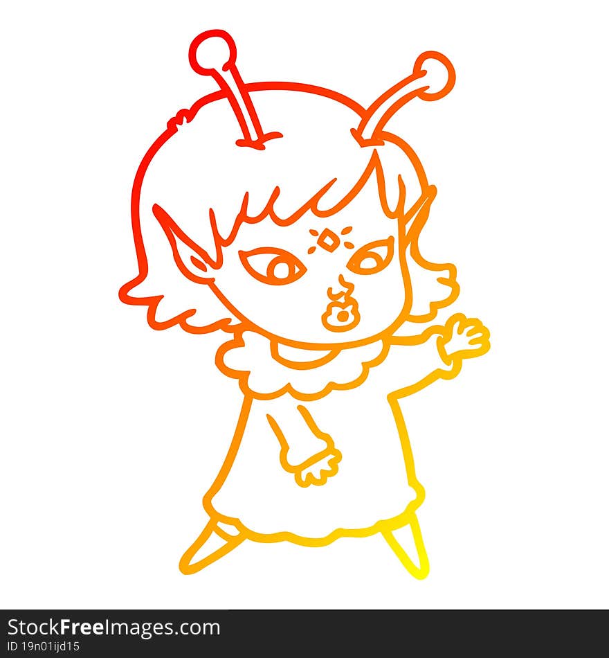 warm gradient line drawing pretty cartoon alien girl