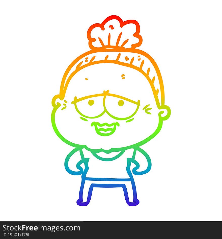 rainbow gradient line drawing of a cartoon happy old lady