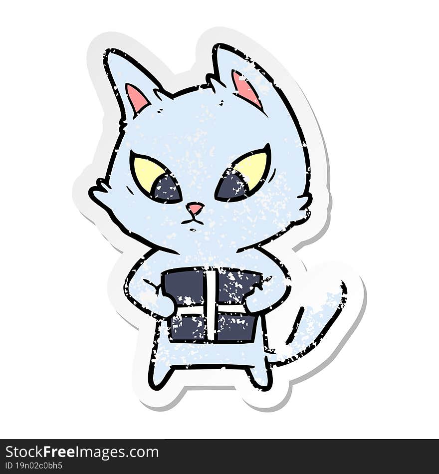 Distressed Sticker Of A Confused Cartoon Cat With Gift