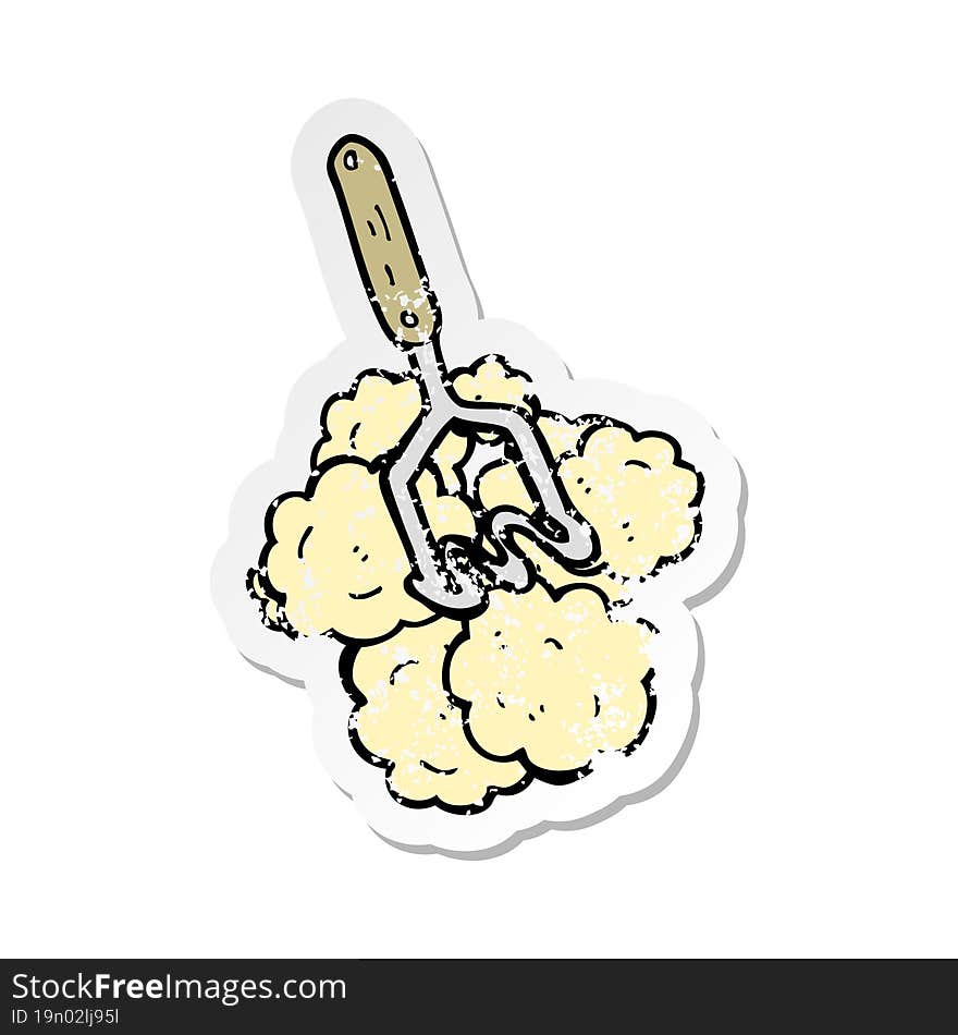 retro distressed sticker of a cartoon potato masher