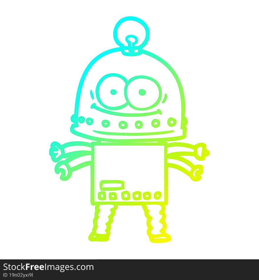 cold gradient line drawing happy carton robot with light bulb