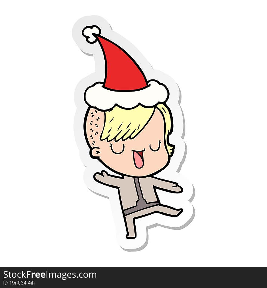 cute sticker cartoon of a girl with hipster haircut wearing santa hat