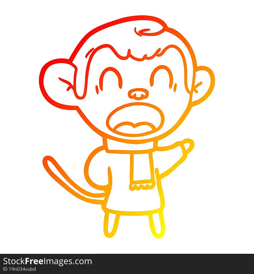 warm gradient line drawing shouting cartoon monkey wearing scarf