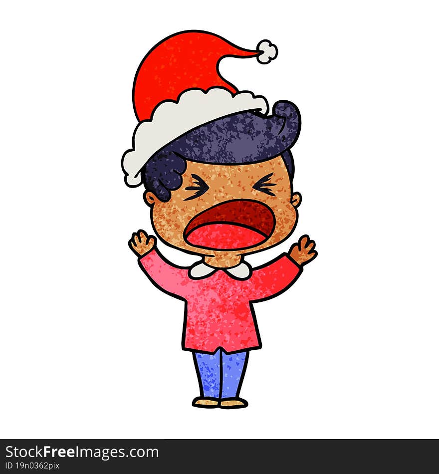 hand drawn textured cartoon of a shouting man wearing santa hat