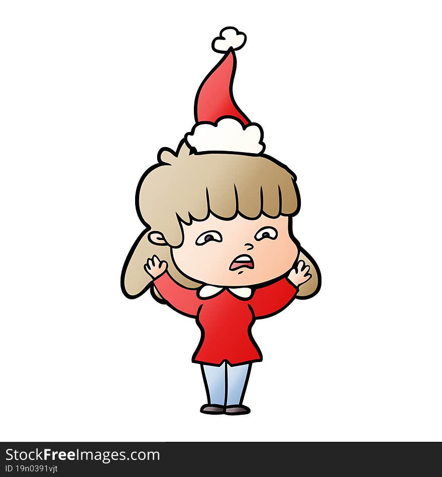 gradient cartoon of a worried woman wearing santa hat