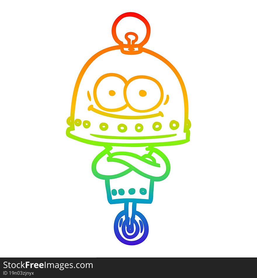 rainbow gradient line drawing of a happy carton robot with light bulb