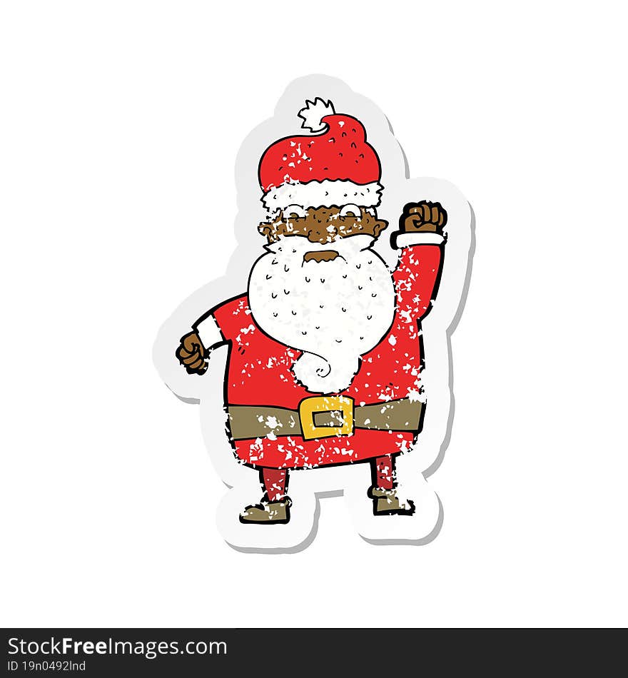 retro distressed sticker of a cartoon angry santa claus