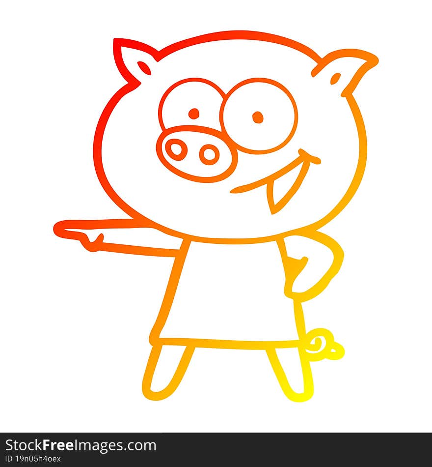 warm gradient line drawing cheerful pig in dress pointing cartoon