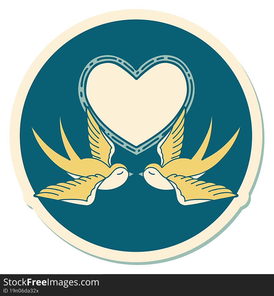 sticker of tattoo in traditional style of swallows and a heart. sticker of tattoo in traditional style of swallows and a heart