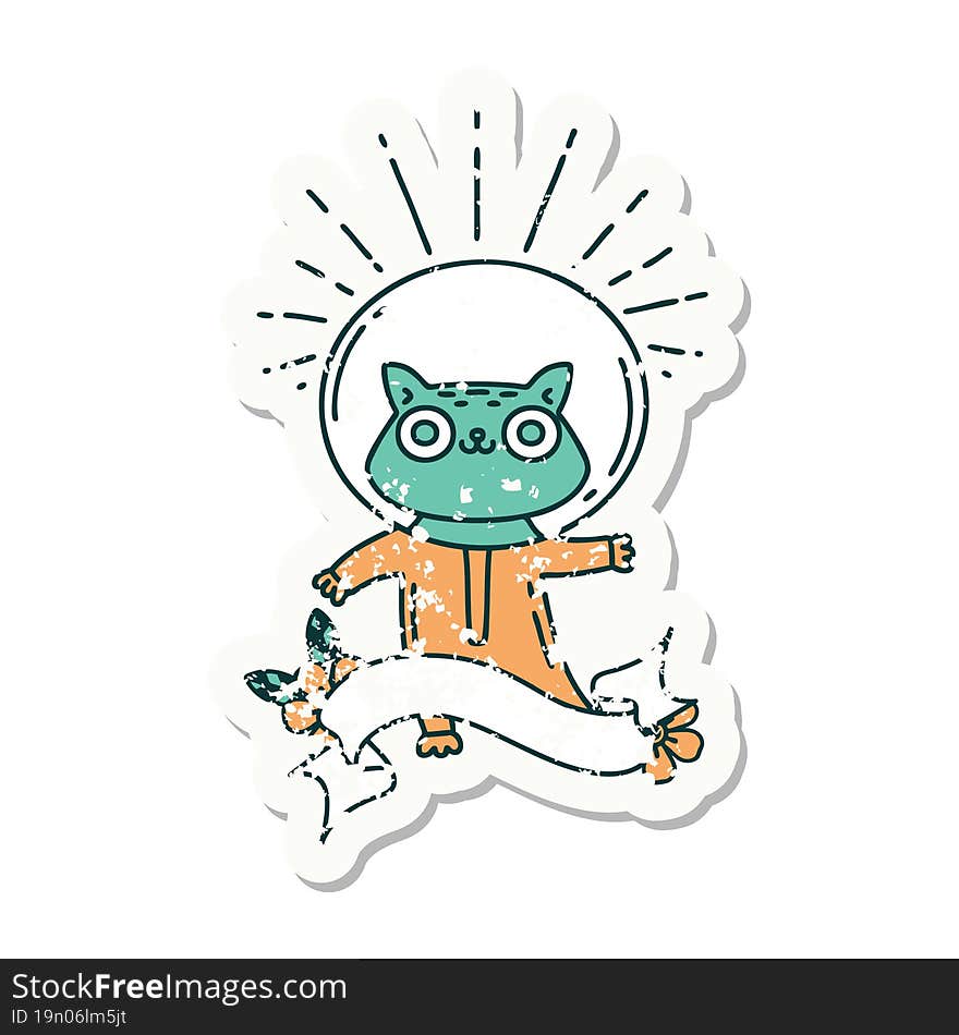 grunge sticker of tattoo style cat in astronaut suit