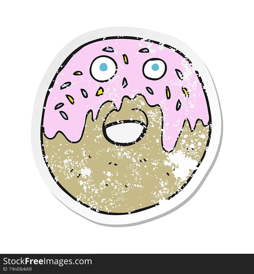 retro distressed sticker of a cartoon doughnut