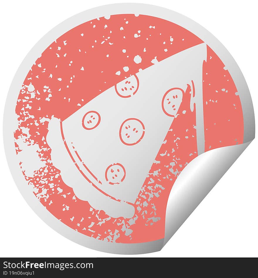 quirky distressed circular peeling sticker symbol slice of pizza