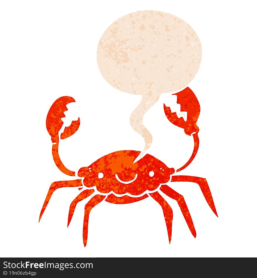 cartoon crab and speech bubble in retro textured style